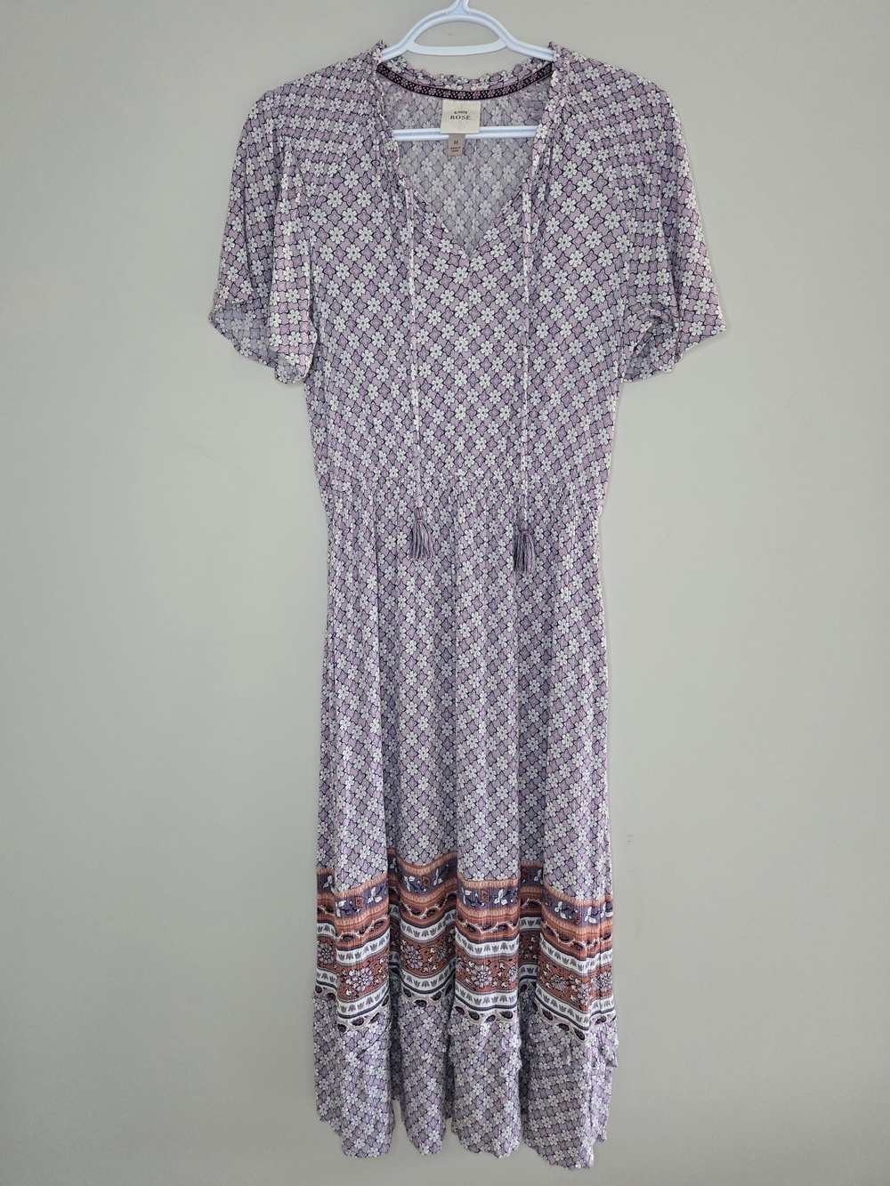Knox Rose lavender + rust boho printed maxi dress, tassle detail, flowy + light